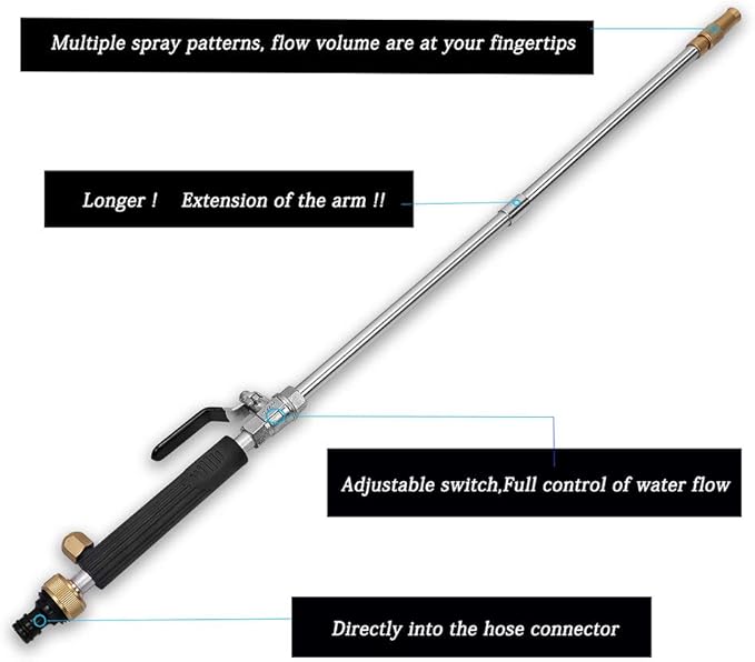 Hydro Jet High Pressure Power Washer-high pressure cleaning tool Extra Long Extendable Wand,Flexible Water Hose Universal Nozzle,Gutter Patio Car Pet Window Cleaning tool black