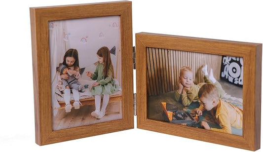 Double Vertical And Horizontal 4X6 Hinged PS Family Picture Frame Collage For Desktop or Tabletop (Wood Grain 4664)