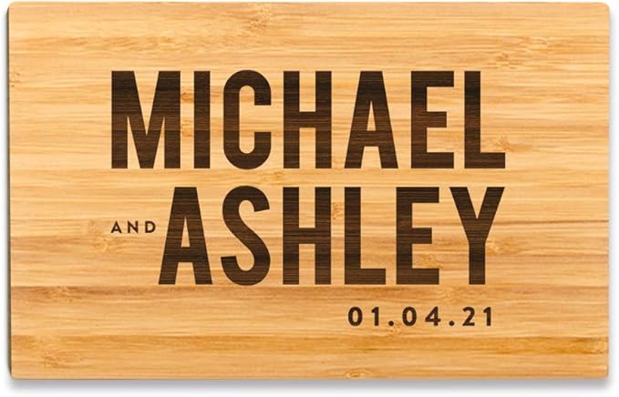 Andaz Press Personalized Laser Engraved Small Bamboo Wood Cutting Board, 9.5 x 6-inch, Bride and Groom Bold Names and Date, Custom Chopping Wedding Bridal Shower Anniversary Birthday Gift Ideas