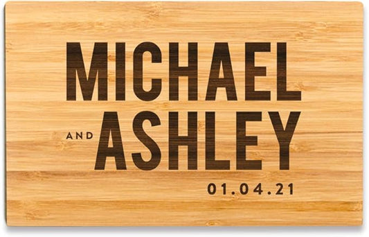 Andaz Press Personalized Laser Engraved Small Bamboo Wood Cutting Board, 9.5 x 6-inch, Bride and Groom Bold Names and Date, Custom Chopping Wedding Bridal Shower Anniversary Birthday Gift Ideas