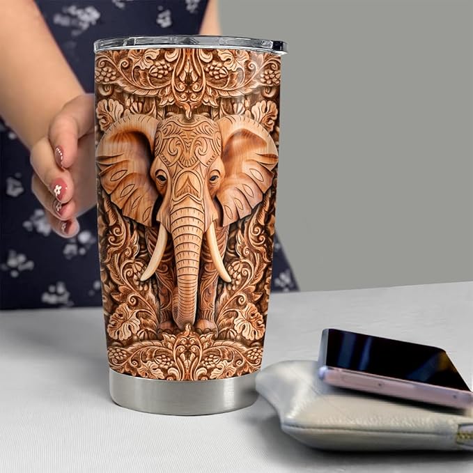 SANDJEST Elephant Tumbler 20oz Elephants Wood Drawing Stainless Steel Insulated Tumblers Coffee Travel Mug Cup Gifts for Women Men Elephant Gift for Birthday Christmas