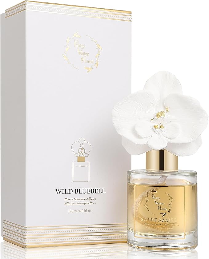 Reed Diffuser Set, Pretty Valley Home Diffuser Gypsum White Orchid Flower Oil 120Ml / 4.05fl OZ Gift Box for Bathroom Office Bathroom Living Room Decor, Long Lasting Fragrance (Wild Bluebell)