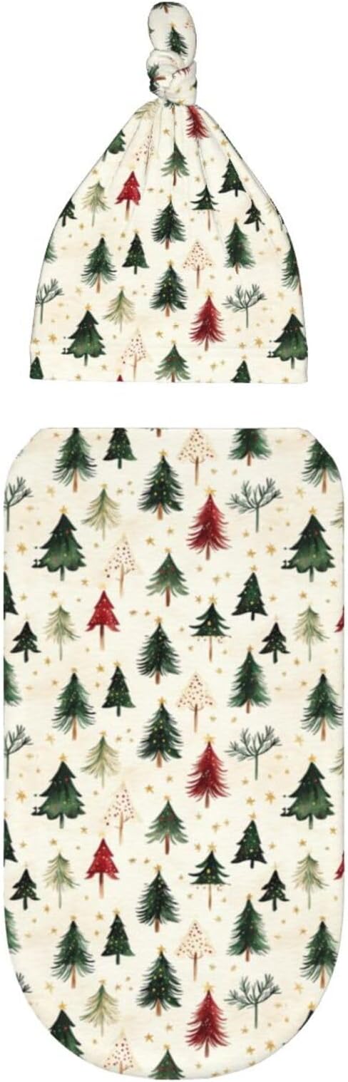 Christmas Baby Swaddle Blanket and Hat Set for Newborn Boys Girls Soft Infant Wrap Sleep Christmas Green Tree