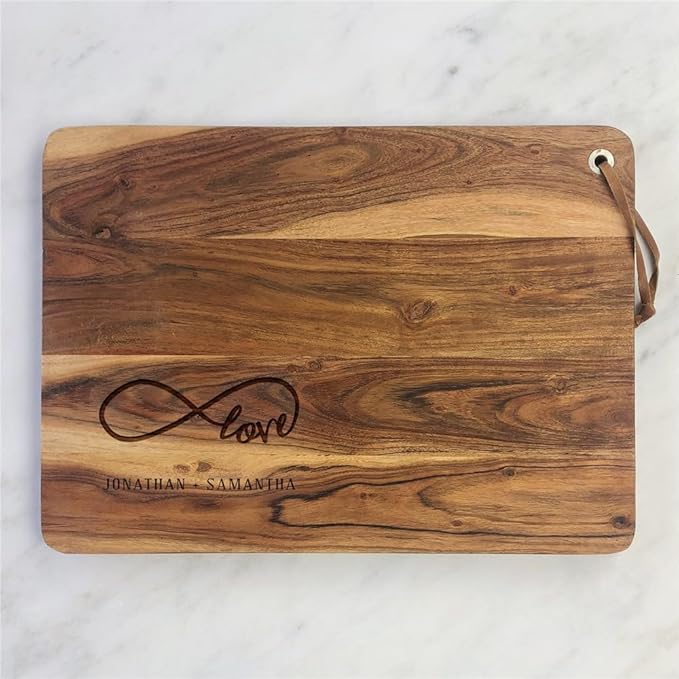 Personalized Acacia Cutting Board, Engraved Love Infinity Design, Custom Wedding Gift, Charcuterie Board Anniversary For Couples