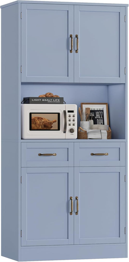 HOSTACK 71" Tall Kitchen Pantry Storage Cabinet, Modern Kitchen Hutch Bar Cabinet with Microwave Stand, Wood Buffet Sideboard with Hutch, Cupboard with Drawers, Shelves for Dining Room, Light Blue