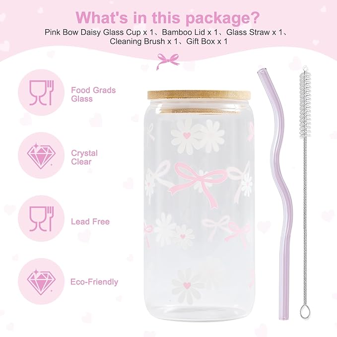 Coquette Pink Bow Daisy Glass Cup with Lids and Straws, Girly Preppy Design Tumbler Mug, Birthday Valentines Christmas Gifts for Teen Girl Women Girlfriends, Teen Girl Gifts Trendy Stuff