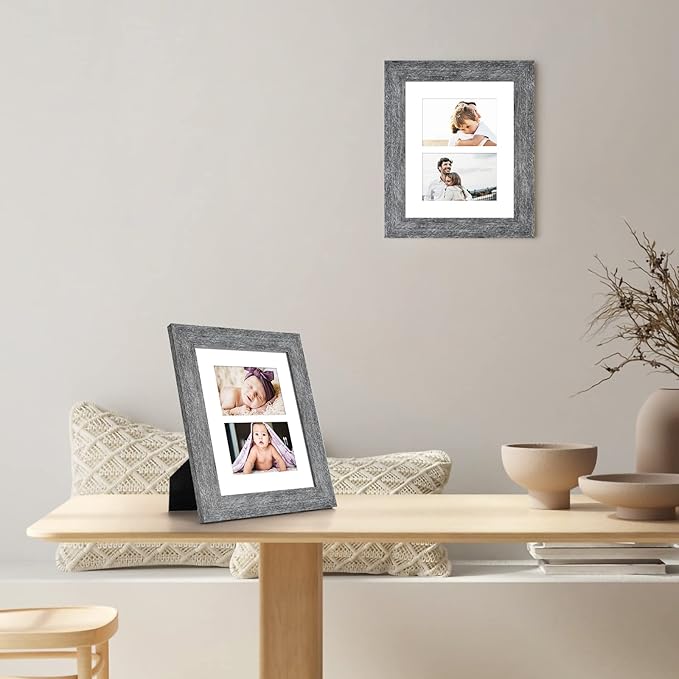 8x10 Picture Frame Display Double 4X6 Picture Frame Collage,Multi Photo Frame with Mat,Plexiglass,Wall or Tabletop Decor,Grey Wood Grain