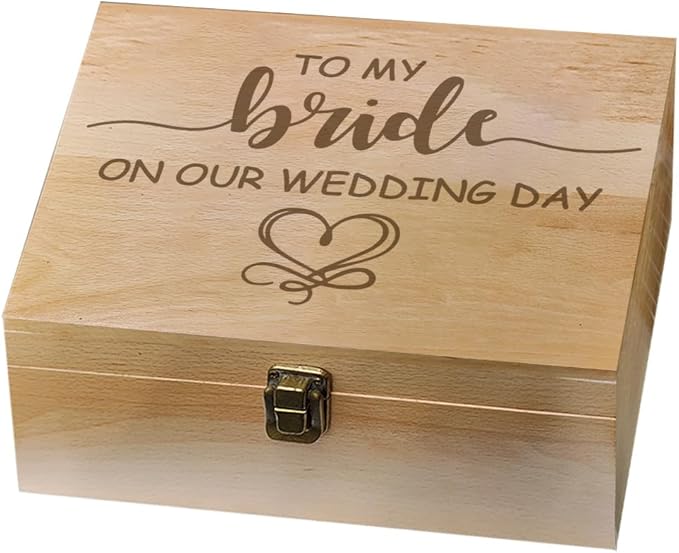 arricraft 1 Pc Wooden Memory Keepsake Box, To My Bride On Our Wedding Day Box with Hinged Lids for Wedding Couple Gift Keepsake Chest for Souvenirs Picture Letter Storage 9.6x7.6x4inch
