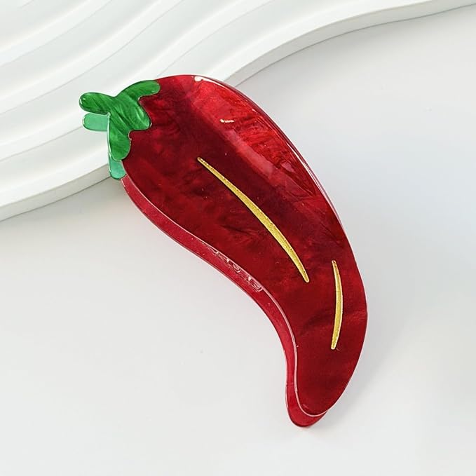 Red Chili Pepper Hair Clips Vegetable Hair Claw Clips Acrylic Hair Jaw Clip | Strong Hold Hair Barrettes Funny Chili Hair Clamp with Leaf Summer Autumn Winter Daily Holiday Hairstyle Accessory for Women