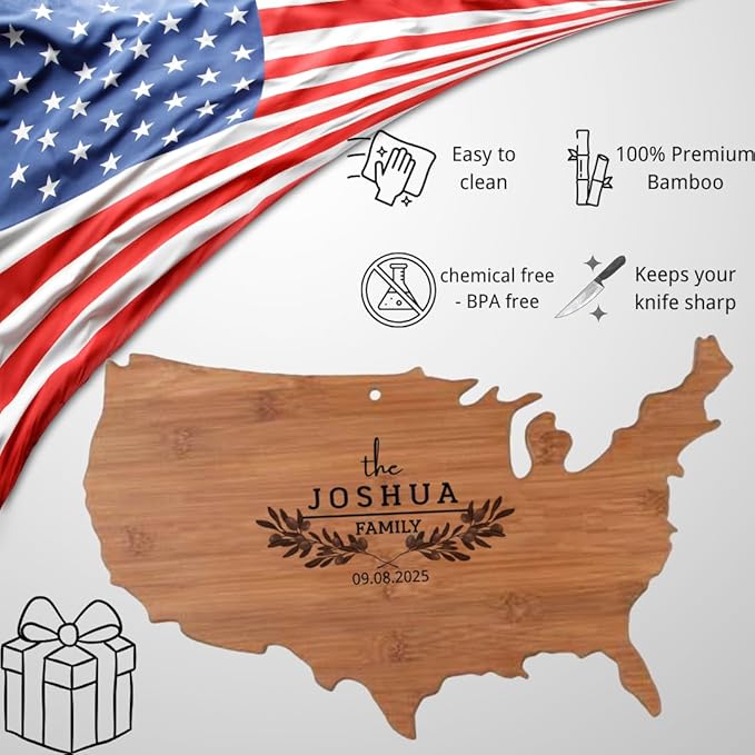 Personalized state-shaped and named date platters, carved wooden cutting boards, custom cheese boards as Mother's Day, wedding, housewarming gifts (Nan bamboo American shape 18x12x0.6in)