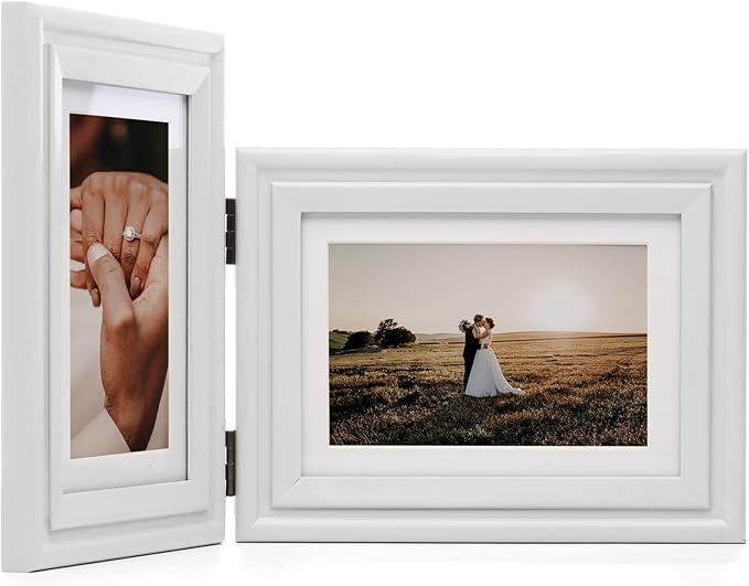 Vertical & Horizontal 5X7 Picture Frames Double Hinged Wood Folding Photo Frames with Real Glass Front Fit for Desktop or Tabletop Display Pictures 4x6 with Mat or 5x7 Without Mat, White