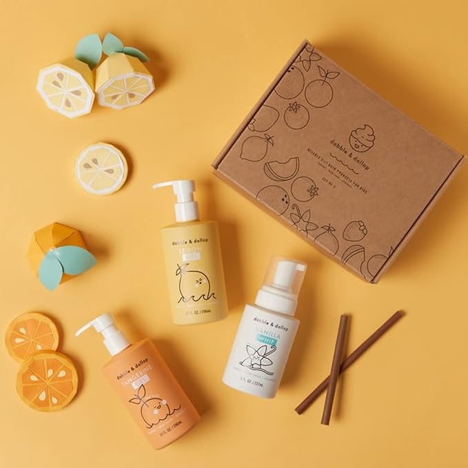 Dabble & Dollop Citrus Kiss Bundle, Natural Bubble Bath, Body Wash & Shampoo for Kids, Paraben & Sulfate Free, Vegan, Gluten-Free, Tear-Free, Tangerine, Vanilla, Lemon (Set of 3)
