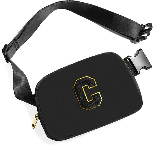 Gitus Belt Bag Fanny Pack Crossbody Bags with Initial Letter Patch Gifts for Wife Older Women Mother Coworker Bridesmaid Anniversary Travel Gifts Beach Gifts (Black-C)