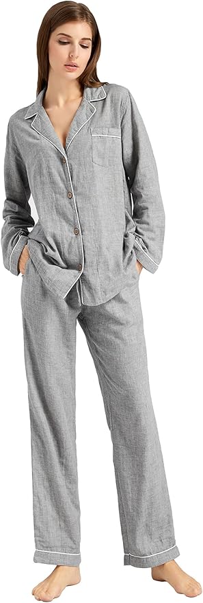 Womens Pajama Sets 100% Double Gauze Cotton Linen Like Muslin Pajamas Long Sleeve Button Down Sleepwear Soft Pjs Lounge Set