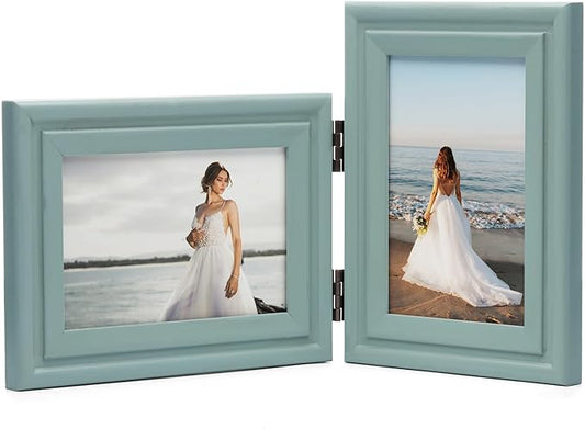 Horizontal & Verticall 4X6 Picture Frames Double Hinged Wood Folding Photo Frames with Real Glass Front Fit for Desktop or Tabletop, Teal Blue XLAN-H64-V46