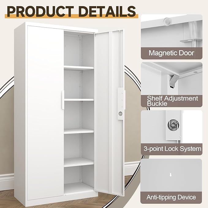 GREATMEET Metal Garage Storage Cabinets, 71" Tall Locking Metal Cabinets with Doors and Shelves, Utility Cabinet with Lock for Garage, Home, White