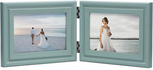 Horizontal 4X6 Picture Frames Double Hinged Wood Folding Photo Frames with Real Glass Front Fit for Desktop or Tabletop, Teal Blue XLAN-H64X2