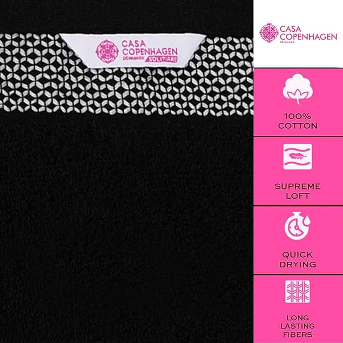 CASA COPENHAGEN, Solitaire 4 Pieces Bath Towel Set- Jet Black, 600 GSM, 27x55 Inches, Designed in Denmark Super Soft Egyptian Cotton Towels for Bathroom & Shower