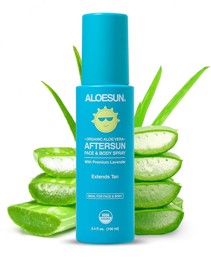 ALOESUN After Sun Face and Body Spray | Non Sticky Organic Aloe Vera for Sun Exposure Relief with Pure Lavender Essential Oil | Natural Aftersun Skin Moisturizer for Redness | Travel Size 3.4 Fl Oz