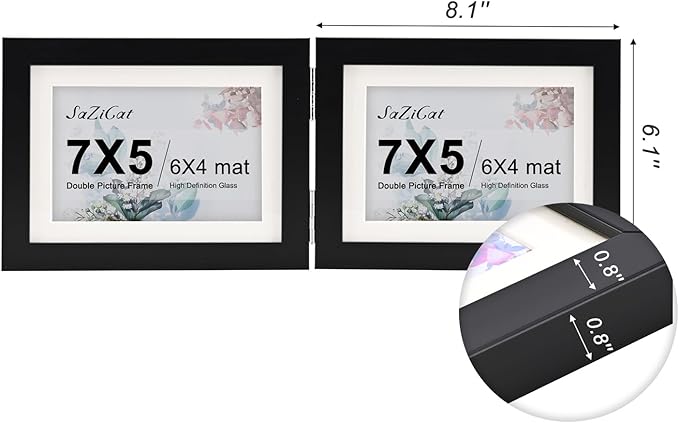 Double Hinged 5x7 Picture Frame with Tempered Glass-Tabletop or Wall Mounted, Display for 4x6 & 5x7 Photos (with/without Mat)-Classic Black, For Family Photos & Wedding Memories-H75X2