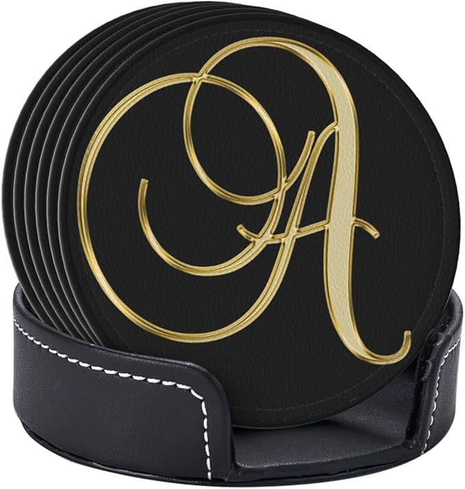 Famame 6 Pcs Shiny Letter A Gold Print Leather Coasters for Drinks with Holder Coaster Sets Drink Table Cup Coasters for Living Room Kitchen Coffee Decor