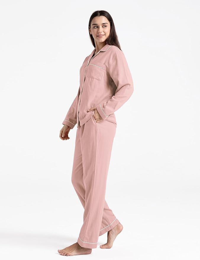 Womens Pajama Sets 100% Double Gauze Cotton Linen Like Muslin Pajamas Long Sleeve Button Down Sleepwear Soft Pjs Lounge Set