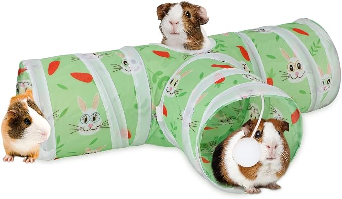 Rypet Guinea Pig Tunnel Hideout 3-Way Collapsible Small Pet Tubes, Green | 3 Way Design for Exploration, Collapsible for Easy Storage, Built-in Play Ball, Hiding & Resting for Hamsters Ferrets