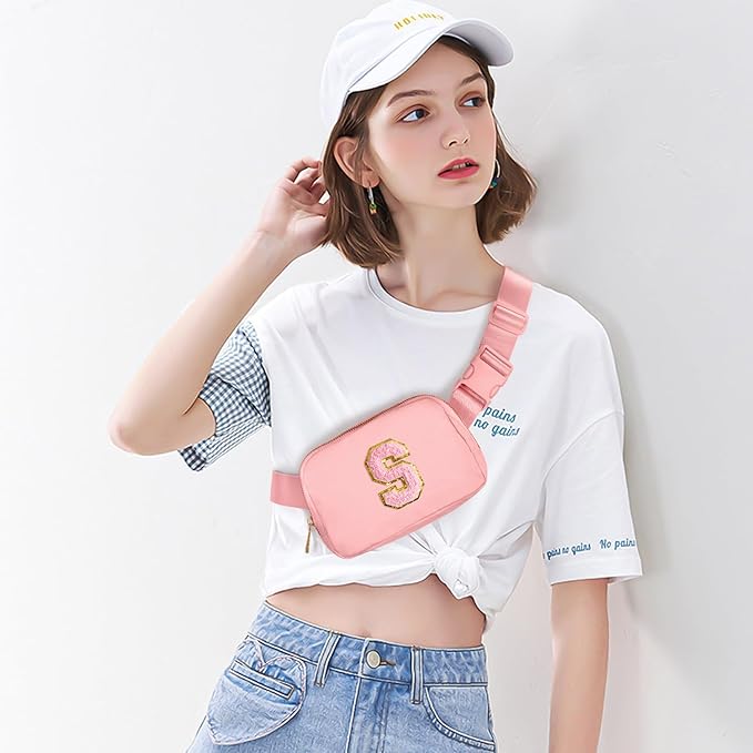 Gitus Belt Bag Fanny Pack Crossbody Bags with Initial Letter Patch Cute Stuff Birthday Gifts for Teenager Girls Trendy Preppy Stuff for Teen Girls Cool Stuff for Teens (Light Pink-S)