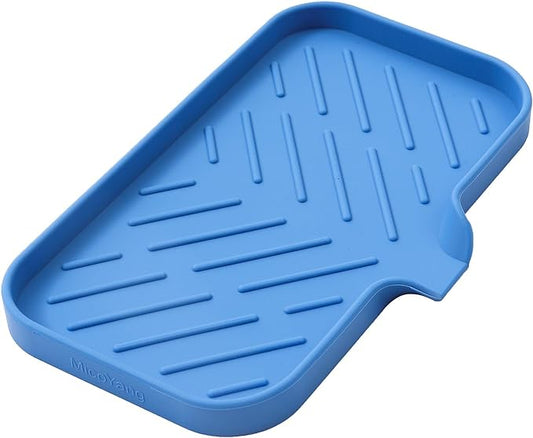 Silicone Bathroom Soap Dishes with Drain Spout Bathroom and Kitchen Sink Organizer,Sponge Holder,Dish Soap Tray,Perfect for Dispenser,Scrubber,Bottle,Cup on Counter Lichen Blue 9.6"×5.3"