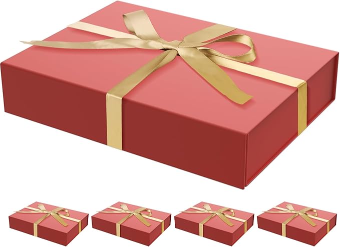 5 Pack Gift Boxes with Lids, 11 x 8.2 x 2.3 Inches Packing Box for Presents Ribbon Magnetic Closure, Luxury Wrapping Gift Boxes for Weddings, Birthdays, Chrismas, Halloween, Red