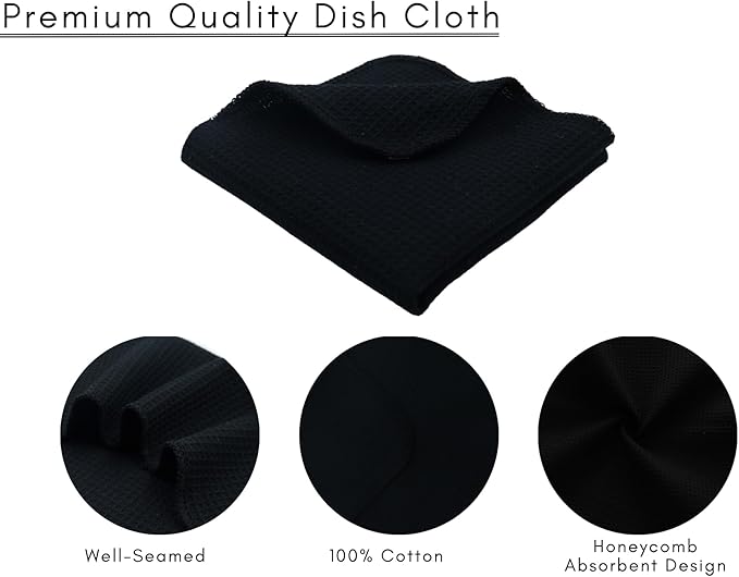 PurpleEssences Dish Cloths and Dish Rags - 8 Pack Waffle Weave Solid Kitchen Dish Wash Cloths, 100% Cotton, 12 x 12 Inches, Ultra Soft Absorbent Quick Drying - Christmas Holiday Winter - Black