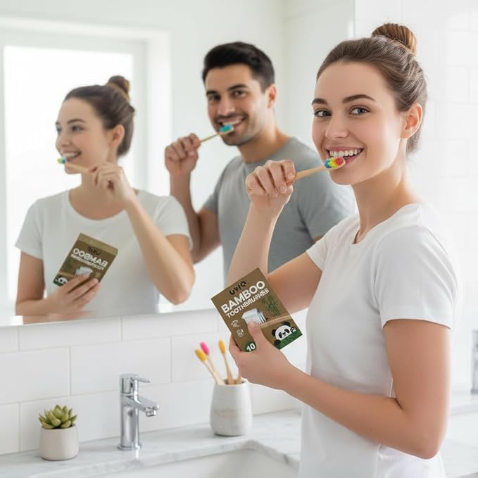 Bamboo Toothbrushes for Adults - 10 Pack Biodegradable Bamboo Toothbrush Teeth Colorful Bristle Natural Bamboo Tooth Brush Dental Eco Wood Toothbrushes (Rainbow)