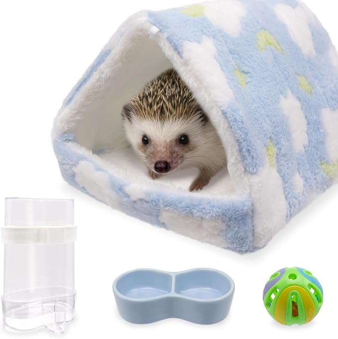 Hedgehog Bed Cave Nest Hideout Hedgehog Accessories Ball Toy Pet Water Dispenser and Pet Bowl, Washable Warm Small Animals House Cage Accessories for Hedgehogs Guinea Pigs Hamsters