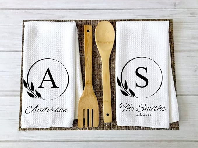 Personalized Kitchen Towel | Custom Tea Towel | Family Name Dish Towel | Kitchen Decor | Hand Towel | Housewarming Gift | Monogram Dishcloth (Wreath 8)