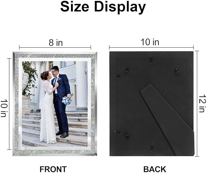 8x10 Picture Frames Silver - Set of 2, Sparkle Real Glass 8 by 10 Photo Frame Mirrored Edge Great Gift, for Tabletop Display, Wedding Birthday Christmas Day Gifts (8 x 10, Glitter Silver)