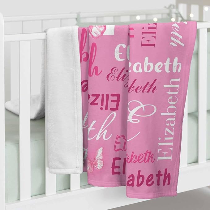 Custom Name Blanket Personalized Throw-Blanket with Names for Boys Girls Kids Teen Baby Pink Butterfly Pattern Customied Name Blanket Customizable Gift for Adult Men Womens Christmas Brithday