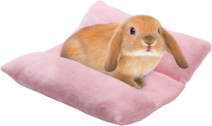 MEWTOGO 14" x 13" Bunny Bed for Rabbit Cage, Thickened & Soft | Prevent Sore Hocks Plush Mat with Cotton Lounger Pillows, Small Animal Flop Mat for Hutch Sleeping Indoor, Pink