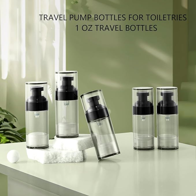 Wide Caliber airless Vacuum Pump Bottle, Reusable Cosmetics Pump Dispenser, DIY Easy Canned, Translucent Black Travel Size can be Packaged Separately Shampoo Light Lotion, etc. (1.0/oz, 5 Packs)
