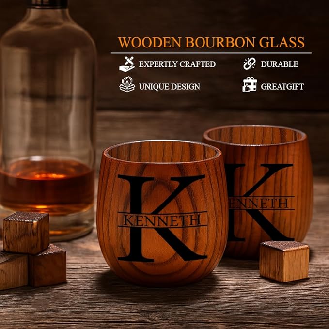 Personalized Wooden Whiskey Glass – Custom Bourbon Tumbler Old Fashioned Cups – Charred Bourbon Cup for Men, Dad, Husband, Brother, Boss – Groomsmen, Birthday, Retirement Gift (Custom Name)