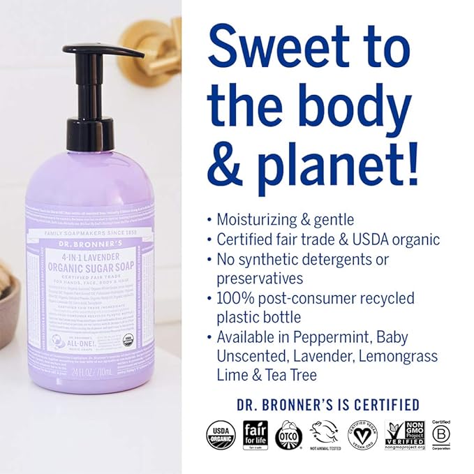 Dr. Bronner's - Organic Sugar Soap (Lavender, 24 Ounce) - Made with Organic Oils, Sugar and Shikakai Powder, 4-in-1 Uses: Hands, Body, Face and Hair, Cleanses, Moisturizes and Nourishes, Vegan