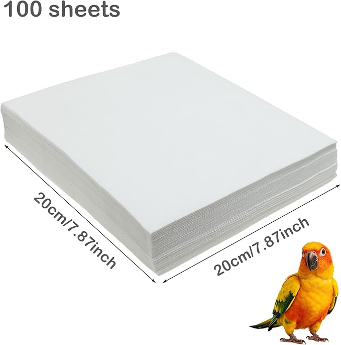 100 Sheets Bird Cage Liner Papers, Disposable Bird Cage Paper Liners, Cuttable Pet Animal Cages Cushion, Precut Absorbent Bird Paper for Bird Parrot Small Animal, 7.9 x 7.9''
