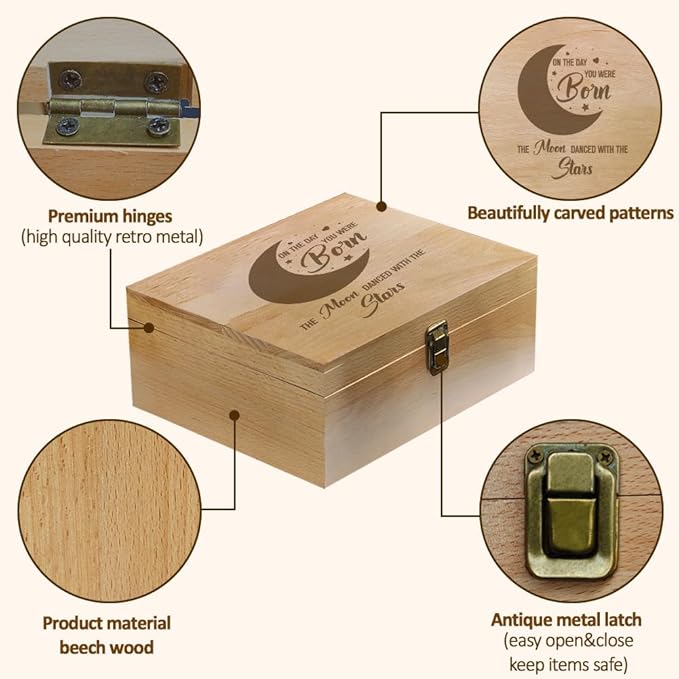 arricraft 1 Pc Wooden Memory Keepsake Box, Moon Pattern Souvenir Box with Hinged Lids for Newborn Girls Boys Storage Box Keepsake to Store Photos, Letters and Valuables 9.6x7.6x4inch