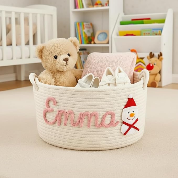 Personalized Baby Shower Basket with Name - Custom Christmas Gift Basket - Newborn Baby Gift Basket, Children's Toy Storage Box, Rope Cotton Bag, Nursery Storage, Small Diaper Caddy Organizer