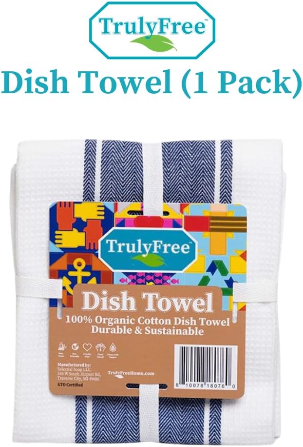 Truly Free Organic Cotton Dish Towels, Highly Absorbent with Hidden Hanging Loop, Plaid Pattern, Lint-Free, Premium Kitchen Towels, 24" x 14.5" (1-Pack)