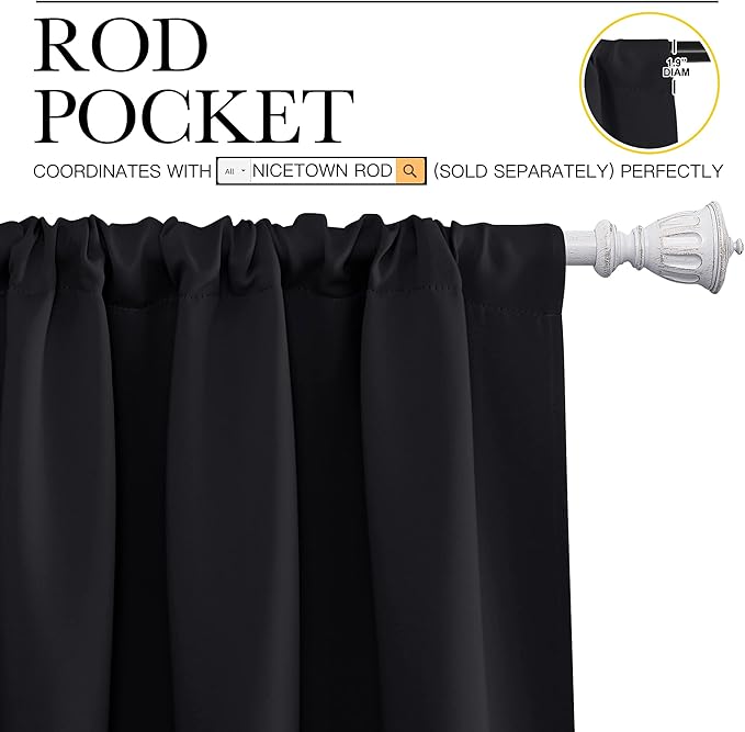 NICETOWN Black Blackout Curtain Blinds - Solid Thermal Insulated Window Treatment Blackout Drapes for Bedroom (2 Panels, 52 inches Wide by 72 inches Long)