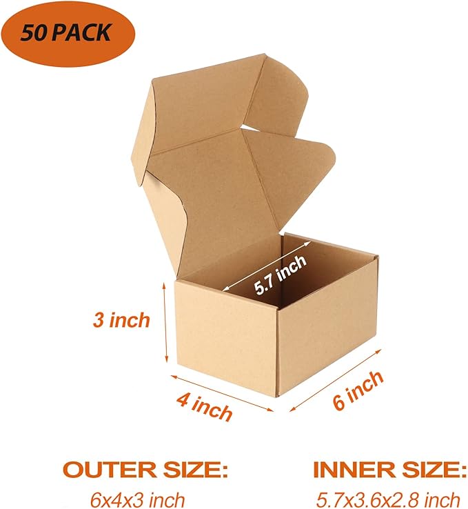 PHAREGE 6x4x3 inch Shipping Boxes Bulk 50 Pack Brown, Tab Lock Tuck Top Mailer Boxes for Packaging Small Business, Small Cardboard Gift Boxes for Wrapping Mailing Present