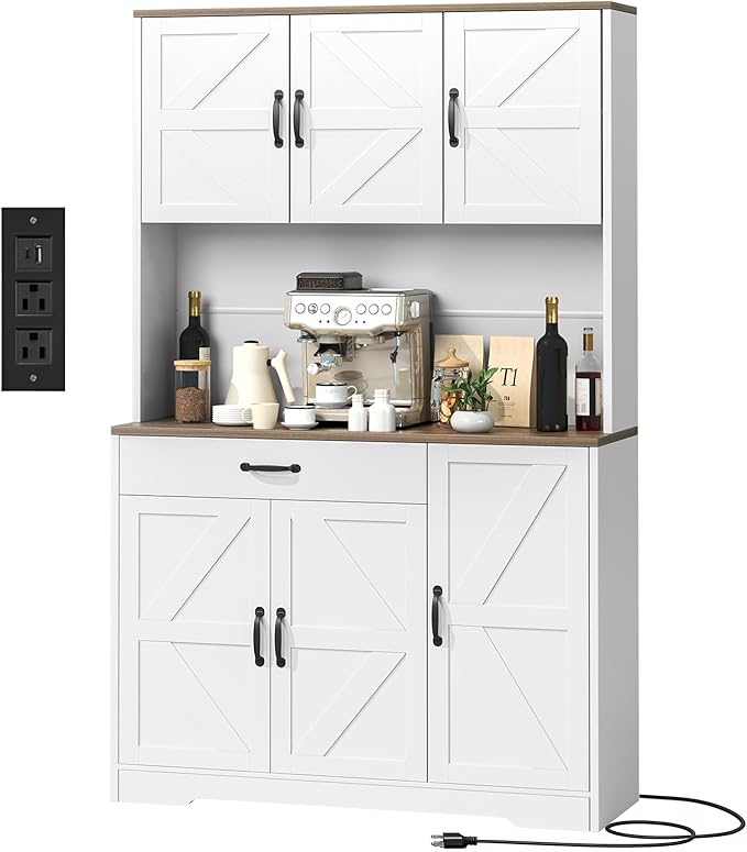 GRUSIGN 71" Pantry Cabinet with Charging Station, Large Capacity Kitchen Hutch Storage Cabinet, Kitchen Cabinet with Microwave Stand, Storage Drawers & Adjustable Shelves for Dining Room, White