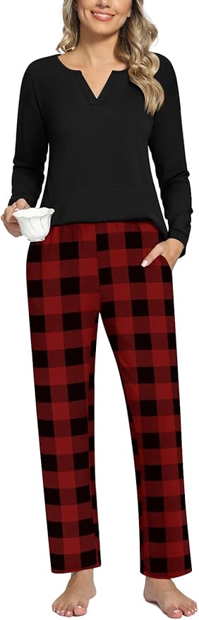 Anyally Women's Plus Size Pajama Sets Ladies Fall Pjs 2 Pieces Lounge Outfits V Neck Long Sleeves Sleepwear with Pockets