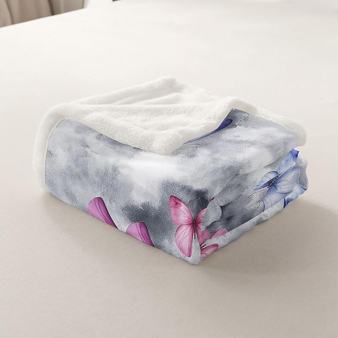 Feelyou Girls Butterfly Fleece Throw Blanket Queen 90"x90" Kids Tie Dye Watercolor Sherpa Blanket Plush Fuzzy for Bed Couch Chair Living Room, Dreamy Girly Bed Blanket Gray Room Decor