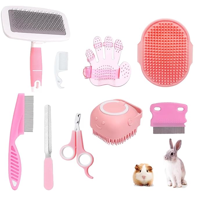 9PCS Small Animal Grooming Kit, Cleaning Brush Removes Loose Hair, Pet Bath Brush,Shampoo Brush, Nail Clipper, Flea Comb For Rabbit, Puppy, Kitten, Guinea Pig (9PCS-Pink)